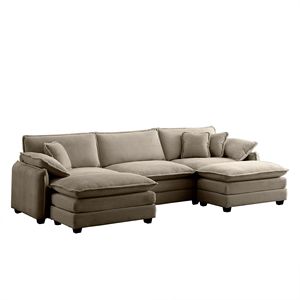 Divano Modulare a 3 Posti a U in Velluto a Coste Color Cammello, Oversize, con Pouf Convertibili e 2 Poggiapiedi per Soggiorno - Product Image 6