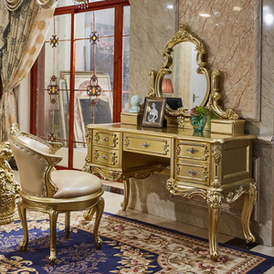 European Style <b>Solid</b> Mahogany Gold Makeup <b>Dressing</b> <b>Table</b> with Storage 5-Drawer Features Hand-Carved Vintage Bedroom Furniture - Product Image 2