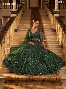 Premium Quality Net with Monochrome Sequin-Bugle <b>Beads</b>-Resham Thread work A-Line Dark-Green Choli Set Supplier from Surat - Product Image 2