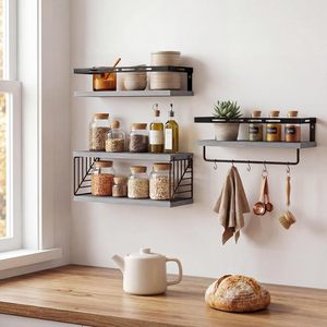 Industrial Metal Wall Mounted Floating <b>Shelves</b> with Wooden Boards Modern Rustic Storage Organizer - Product Image 6