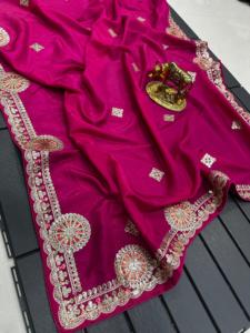 ผ้าส่าหรีปักลายไหมใหม่ พร้อมขอบลูกไม้ สำหรับงานเทศกาล - Product Image 1