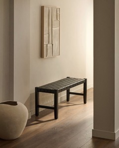 Banco Moderno de Cuero Negro Tejido para Dormitorio y Entrada, Banco Minimalista de Madera Maciza para Hotel, Sala de Estar - Product Image 2