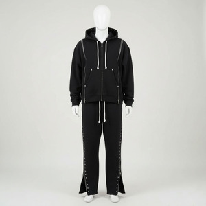 Chándal de invierno personalizado de alta calidad, estilo urbano, liso, transpirable, con triple cremallera, sin estampado, estilo hip hop con remaches, con capucha y pantalón acampanado, 100% - Product Image 2