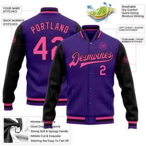 Custom <b>Purple</b> Pink Black <b>Varsity</b> Letterman <b>Jacket</b> Wholesale Two Tone Full Snap Bomber Unisex College Team Fashion Sport Coat - Product Image 2