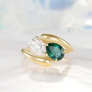 925 Sterling <b>Silver</b> 22K Gold Plated Handmade Minimalist Pear/Round Cut Gemstone <b>Ring</b> Toi Et Moi <b>Adjustable</b> Bypass <b>Ring</b> Fine - Product Image 1