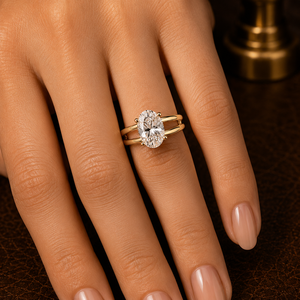 Anillos de compromiso de oro puro de 14k con diamante cultivado en laboratorio de corte ovalado estilo Art Deco vintage de 2.00 ct, certificado IGI, y anillos de boda de vástago ancho dividido. - Product Image 2