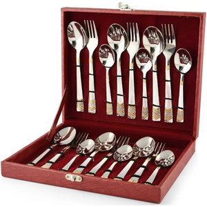 24K Gold Plated Stainless Steel Cutlery <b>Set</b> <b>18</b>-<b>Piece</b> <b>Dinner</b> Fork Tea <b>Set</b> | Premium Leatherette Gift Box | Dishwasher Safe - Product Image 1