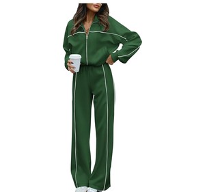 Conjunto Deportivo Rosa para Mujer, Manga Larga, Color Sólido, Cierre Frontal con Cremallera, Pantalones Casuales, Corte Holgado, Transpirable, Poliéster, Ropa de Primavera - Product Image 3
