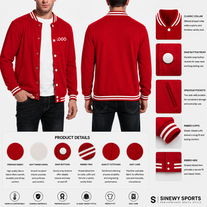 Veste de sport d'hiver pour homme SINEWY SPORTS, rouge, style varsity, séchage rapide, fermeture à boutons pression, bordure côtelée, col classique, style sportif, mélange de polaire - Product Image 1