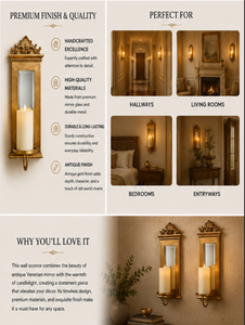Traditional Gold Plated Wall <b>Sconce</b> Set of 2 Rectangular Framed <b>Candle</b> Holders Decorative Hanging Ornamental Design - Product Image 4