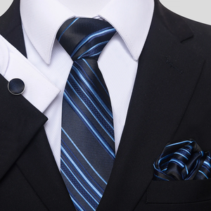 Conjunto de corbata de seda con rayas doradas, pañuelo de bolsillo y gemelos para hombre, accesorios de corbata clásica de jacquard para boda - Product Image 2
