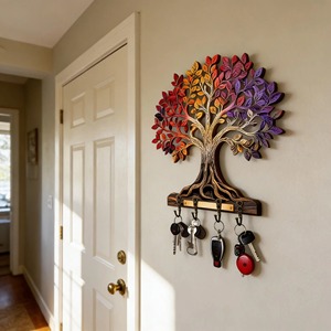 Porte-clés mural en bois à motif d'arbre coloré, design original, pour le rangement des clés, la décoration et l'organisation de l'entrée, provenant d'Inde. - Product Image 4