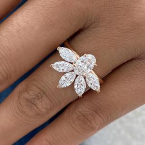 Anillo de Diamantes con Corte Oval y Marquise para Mujer, Oro Rosa de 14K, Diamante Natural, Anillo Floral, Anillo de Compromiso de Lujo - Product Image 1