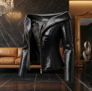 Chaqueta de Motociclista de Piel Sintética con Estampado de Cocodrilo Negro para Mujer, Cierre de Cremallera, Manga Larga, Largo Regular, Otoño - Product Image 5