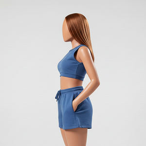 Womens Solid Blue Sleeveless Crop <b>Top</b> <b>and</b> Matching Drawstring <b>Shorts</b> Twin <b>Set</b> OEM ODM Wholesale Apparel - Product Image 3