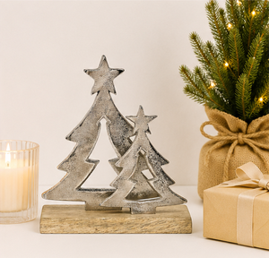 Premium Silver Metal Christmas <b>Tree</b> Sculpture On Sturdy Wooden Base Modern Holiday <b>Tabletop</b> Decor For Home Office Hotel Display - Product Image 4