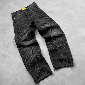 Pantalon Harem Noir Effet Vieilli avec Bords Effilochés Coupe Ample Longueur Entière Taille Haute en Coton Denim Style Hip Hop Streetwear - Product Image 1