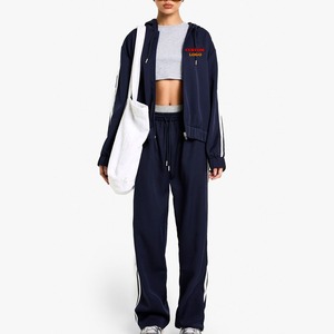 Custom New Fashionable Training Jogging Set Wholesale Winter Fleece Sports Contrast Side <b>Strip</b> Zipper Women Two Piece Set - Product Image 1