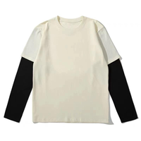 T-shirt décontracté sans col à manches longues en tricot double couche effet vieilli style streetwear, 100 % coton respirant, grandes tailles