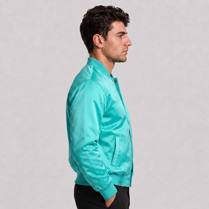 Chaqueta Bomber de Satén Turquesa para Hombre, Corte Regular, Cuello Camisero, Cierre de Botones, Color Sólido, Estilo Casual para Otoño - Product Image 2