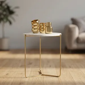 Mesa Moderna de Hierro con Tapa de Mármol, Mesa Auxiliar con Marco de Metal Dorado Moderno para Muebles de Sala de Estar - Product Image 2