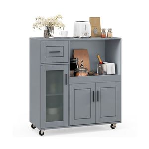 Carrello da Cucina Moderno Grigio con Ruote Girevoli a 360 Gradi, Ripiano per Microonde, Cassetto e Armadietto a 2 Ante in Acciaio e Bambù - Product Image 6
