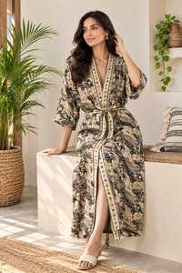 Robe longue à col en V imprimé Paisley, manches trois quarts, fermeture à cordon, respirante, en satin de soie et coton, écologique - Product Image 3