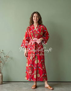 Bata Kimono de Algodón Roja con Estampado Digital de Piña y Pájaros, Manga Larga, Túnica de Verano, Kaftán Indio, Ropa de Estar para Damas de Honor - Product Image 2