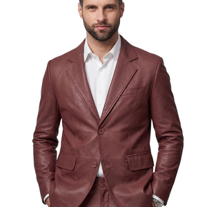 Blazer de Cuero Genuino Color Borgoña para Hombre, Corte Entallado, Chaqueta de Traje Formal de Un Solo Pecho - Product Image 3