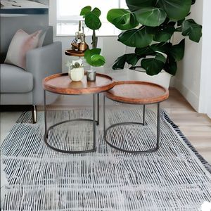 Juego de 2 Mesas de Centro Redondas de Madera Maciza de Sheesham con Patas de Metal Negro, Mesas Auxiliares para Sala de Estar, Estilo Rústico - Product Image 4