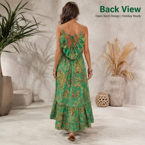 Women's Green Bohemian Maxi <b>Dress</b> Ruffle Backless Spaghetti Strap A-Line Holiday Beach Casual <b>Dress</b> - Product Image 1