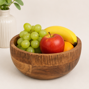 Bol à salade en bois d'acacia naturel fait à la main, écologique, grand bol à fruits avec texture côtelée pour la décoration moderne de la maison - Product Image 2