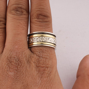 925 Sterling Silver Classic Floral Bezel Setting <b>Spinner</b> <b>Ring</b> Wholesale Two Tone Brass Engraved Spinning Band Unisex Anxiety - Product Image 1