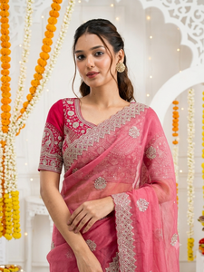 AARA Fashion Saree en soie rose avec bordure brodée et chemisier, tenue de mariage pour femme, robe de mariée indienne traditionnelle, protection solaire - Product Image 2