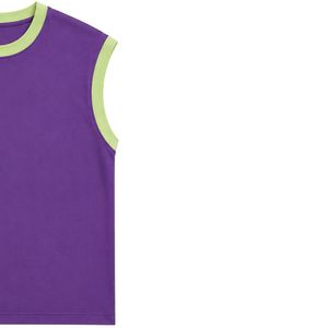 Camiseta sin Mangas Morada con Ribete Verde Claro para Mujer, Chaleco Casual de Verano de Algodón, Cuello Redondo, Estilo OEM Personalizado - Product Image 4
