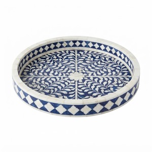 Plateau de service rond artisanal en os bleu rayé, plateau décoratif de luxe pour table basse, salon, décoration intérieure - Product Image 2