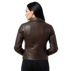 Dark Brown Leather Motorbike Jacket <b>Women</b> Custom Wholesale Factory Bulk Supply Genuine Leather Biker Style Ladies Fashion Gear - Product Image 1