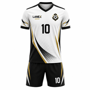 Ensemble de tenue de football Elite blanc et noir avec rayures dorées, uniforme sportif de haute qualité avec tissu respirant pour l'entraînement - Product Image 1