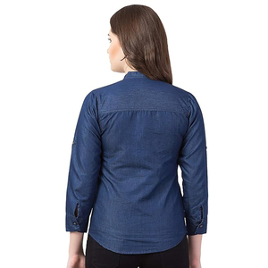 Camisa Vaquera Occidental de Alta Calidad para Mujer, Estilo Cowgirl, Manga Larga, Color Azul Oscuro Sólido, con Botones - Product Image 4