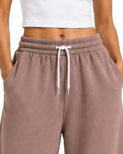 Custom Taupe Women <b>Wide</b> <b>Leg</b> <b>Sweatpants</b> High Waist Loose Fit Casual Streetwear Lounge Fleece Trousers With <b>Drawstring</b> Pockets - Product Image 5