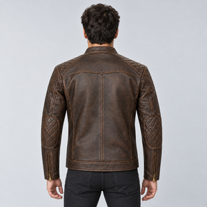 Veste Café Racer marron pour homme avec col à boutons-pression, panneaux d'épaule matelassés, patchs aux coudes, poches zippées et ferrures en laiton - Product Image 4