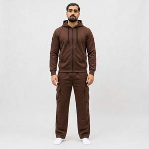 Survêtement streetwear pour homme, beige, à capuche, épais, manches longues, avec cordon de serrage, décontracté, poches latérales, respirant, uni - Product Image 3