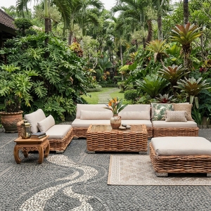 Outdoor <b>Rattan</b> Woven Sectional <b>Sofa</b> Set Mahogany Wood Frame Wicker Furniture Glass Table Lounge Chair Ottoman Setup Art - Product Image 4