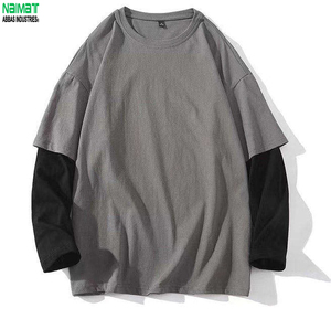 T-shirt à manches longues surdimensionné pour homme, en coton tricoté contrastant orange, col rond, design décontracté à blocs de couleur unie - Product Image 4