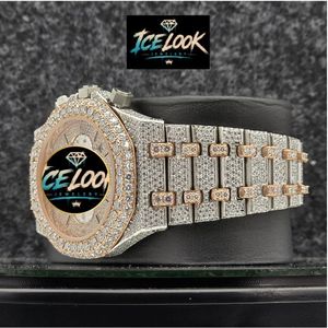 Montre mécanique chronographe Ice Look avec lunette sertie de diamants, bracelet en acier inoxydable couleur or rose, montre de luxe pour homme - Product Image 4