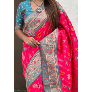 Elite Weaves Pink Soft Silk Zari Woven Patola Leheriya Saree with Contrast Weaves 700g for <b>Club</b> <b>Dress</b>-Up - Product Image 4
