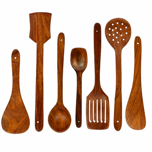 Ensemble de spatules en bois d'acacia au design vintage, cuillères de cuisine en teck antiadhésives à long manche, ustensiles de cuisine résistants à la chaleur, vente en gros - Product Image 2