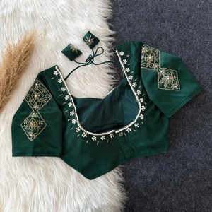 Beautiful Hand Zardosi Work <b>Crop</b> <b>Top</b> Woven Winter Wedding Blouse with <b>Pearl</b> and Kardana Touch-Up - Product Image 2