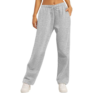 Pantalones Deportivos Grises de Felpa para Mujer, Cintura Media, Cordón Ajustable, Corte Holgado Informal, Largos, Color Sólido, Tejido de Algodón - Product Image 1