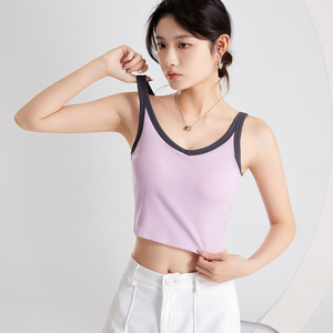 เสื้อกล้ามถักไหมพรมสีลาเวนเดอร์สำหรับผู้หญิงปี 2026 คอกว้าง ทรงมินิมอล สีพื้น ระบายอากาศได้ดี ความยาวสั้น ผสมผ้ายืดและผ้าฝ้าย - Product Image 2